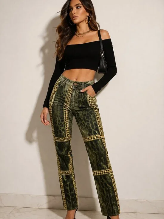 Roberto Cavalli Leopard Print Jeans Gold Chain Panel Rare Designer Denim M - Picture 2 of 13